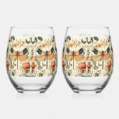 Retro Art Deco Dragonfly, roze rozen Wijnglas Zonder Voet (Links)