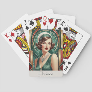 Retro Art Deco Geïnspireerd Portret Vrouw Dames Op Pokerkaarten