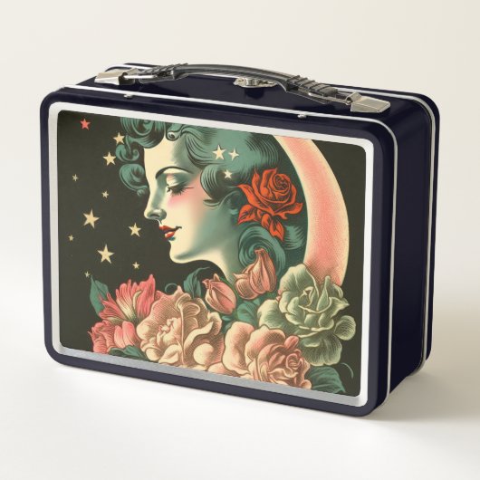 Retro Art Deco Moon Lady & Bloemen (Achterkant)