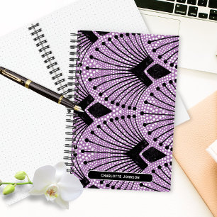 Retro Art Deco Paarse Zwart Wit Pauw Patroon Notitieboek