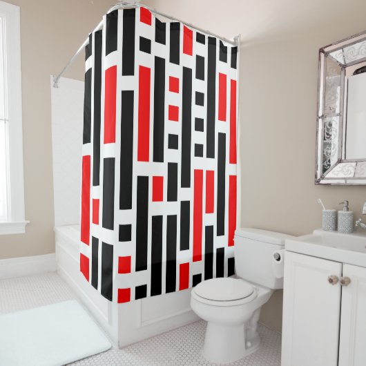 Retro Art Deco Red Black - Abstract patroonontwerp Douchegordijn (In situ)