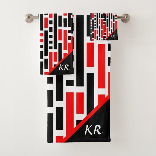 Retro Art Deco Red Black Monogram Abstract patroon Bad Handdoek (Insitu)
