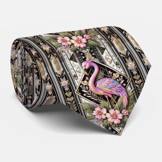 Retro Art Deco Roze Flamingo's Stropdas (Opgerold)