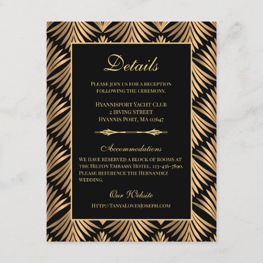Retro Art Deco Trouwdetails Grote Gatsby Informatiekaartje (Voorkant)