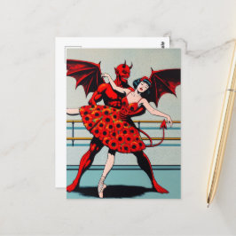 Retro Art Devil Met ballerina in een Poppy Dress Briefkaart