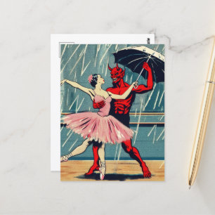 Retro Art Devil met balletdanser in de regen Briefkaart