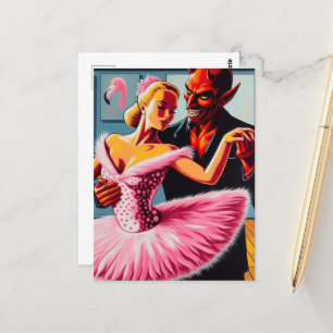 Retro Art Devil met flamingo danser Briefkaart