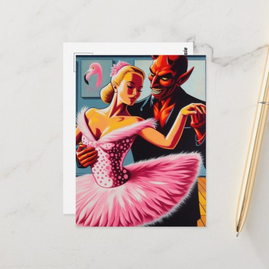 Retro Art Devil met flamingo danser Briefkaart (Voorkant / Achterkant in situ)