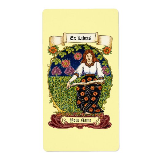 Retro Art Nouveau Ex Libris Meisje & Boek Sjabloon Etiket (Voorkant)