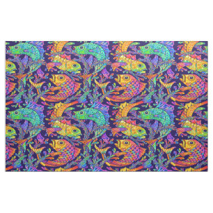 Retro Art Nouveau Vis & Zeewier Patroon Stof