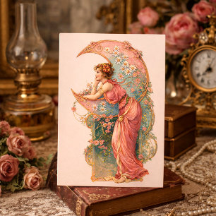 Retro Art Nouveau Vrouw & Halve Maan Briefkaart