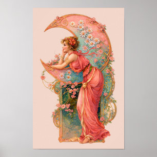 Retro Art Nouveau Vrouw & Halve Maan Poster