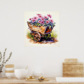 Retro Aster Bloemen In Een Houten Wagon Poster (Keuken)