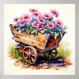 Retro Aster Bloemen In Een Houten Wagon Poster