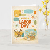 Retro Atomic Age Happy Labor Day Kaart (Gele Bloem)