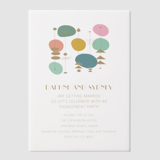 Retro Atomic Age Mid Century Mod Engagement Party Vellum Uitnodigingen (Voorkant)