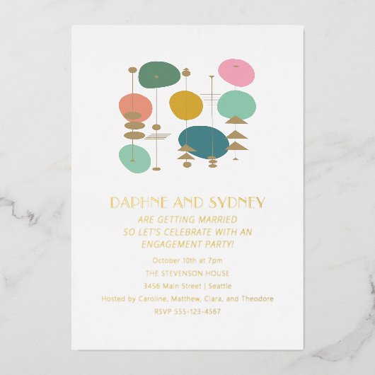 Retro Atomic Age Mid Mod Engagement Party Gold Folie Uitnodiging (Voorkant)