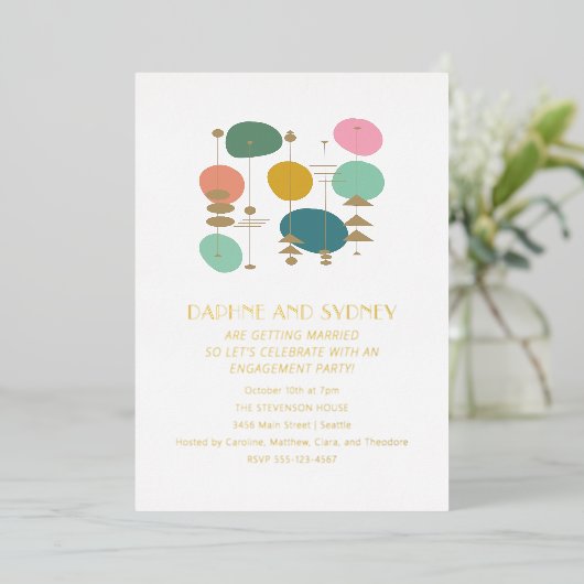 Retro Atomic Age Mid Mod Engagement Party Gold Folie Uitnodiging (Staand Voorkant)
