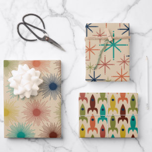 Retro Atomic Age Mideeuw Mod Suns Stars Rockets Inpakpapier Vel