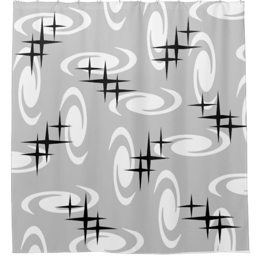 Retro Atomic Age Swirls Stars Pattern Light Grey Douchegordijn (Voorkant)