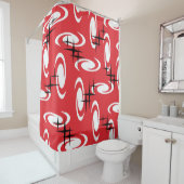 Retro Atomic Age Swirls Stars Pattern Red Douchegordijn (In situ)
