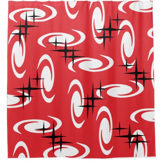 Retro Atomic Age Swirls Stars Pattern Red Douchegordijn (Voorkant)