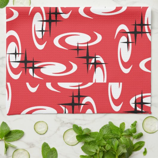 Retro Atomic Age Swirls Stars Pattern Red Theedoek (Gevouwen)