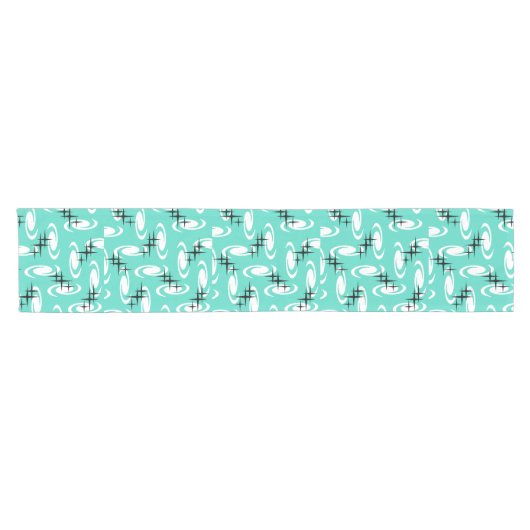 Retro Atomic Age Swirls Stars Pattern Turquoise Korte Tafelloper (Horizontaal)