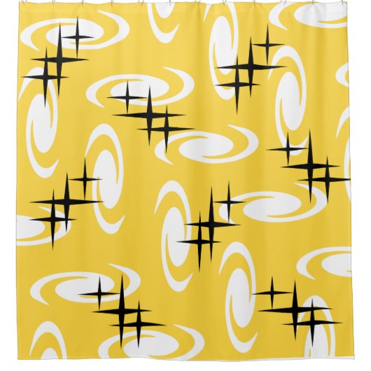 Retro Atomic Age Swirls Stars Pattern Yellow Douchegordijn (Voorkant)
