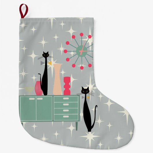 Retro Atomic Era Cats & Clock Kerststop Grote Kerstsok (Voorkant)