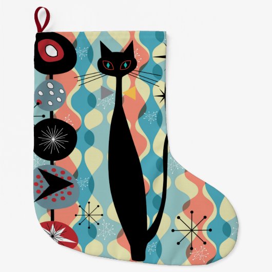 Retro Atomic Era Cool Cat Blue Kerstmis Stocking Grote Kerstsok (Voorkant)