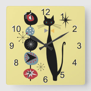 Retro Atomic Era Mid Century Modern MCM Cool Cat 3 Vierkante Klok