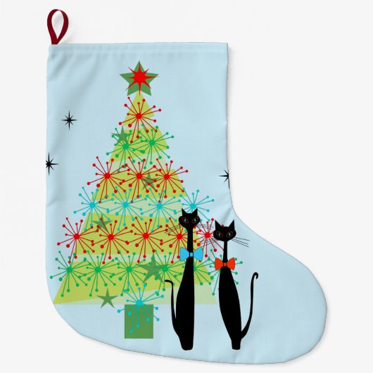 Retro Atomic Era midden-eeuwse moderne kerstkatten Grote Kerstsok (Voorkant)