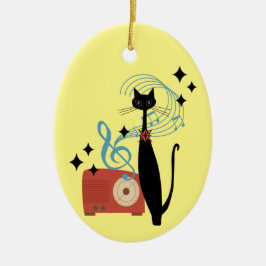 Retro Atomic MCM Koele Kat & Radio Muziek Keramisch Ornament
