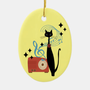 Retro Atomic MCM Koele Kat & Radio Muziek Keramisch Ornament
