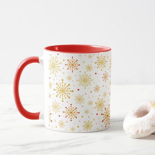 Retro Atomic Mid-Century Mod Red & Gold Starburst Mok (Met donut)