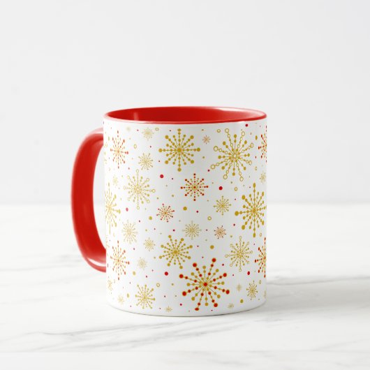 Retro Atomic Mid-Century Mod Red & Gold Starburst Mok (Voorkant links)