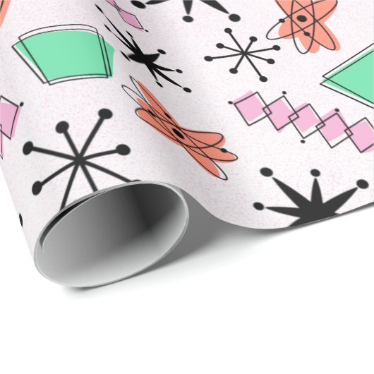 Retro Atomic Roze Sinaasappel Groen inpakpapier (Rol Hoek)