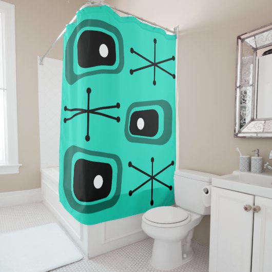 Retro Atomic Space Age Turquoise Douchegordijn (In situ)