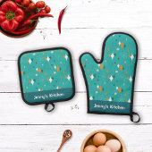 Retro Atomic Starburst Blauwgroen Patroon Naam Ovenwant & Pannenlap Set