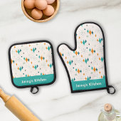 Retro Atomic Starburst Patroon Aangepaste naam Ovenwant & Pannenlap Set