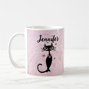 Retro Atomische Zwarte Kat Gepersonaliseerde Koffi Koffiemok