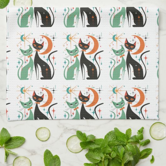 Retro Atomkatten Zwart Turquoise Theedoek (Gevouwen)