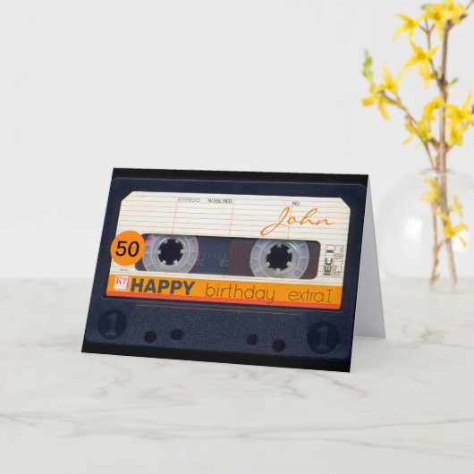 Retro Audiotape 50e verjaardag gepersonaliseerde H Kaart (Gele Bloem)