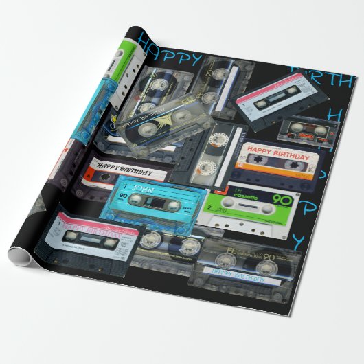 Retro Audiotape Cassette Mixtapenaam Birthday WP Cadeaupapier (Uitgerold)