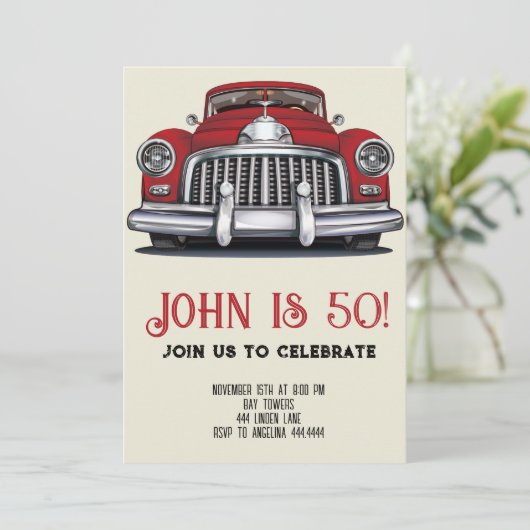 Retro Auto 50e Verjaardag uitnodiging (Staand voorkant)