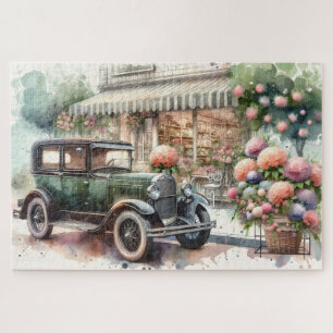Retro auto & bloeiende boetiek scène legpuzzel