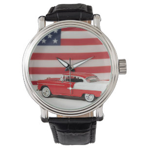 Retro auto met Amerikaanse vlag Horloge
