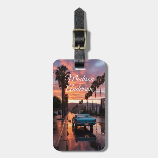 Retro auto & Palm Sunset gepersonaliseerd Bagagelabel (Voorkant verticaal)