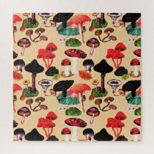 Retro Autumn Woodland Waterverf paddenstoel Legpuzzel